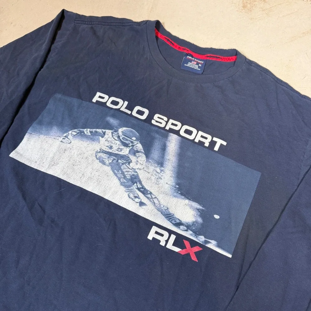 Vintage Polo Sport RLX Skier Graphic Long Sleeve T-Shirt‎ Navy Blue Mens XL USA